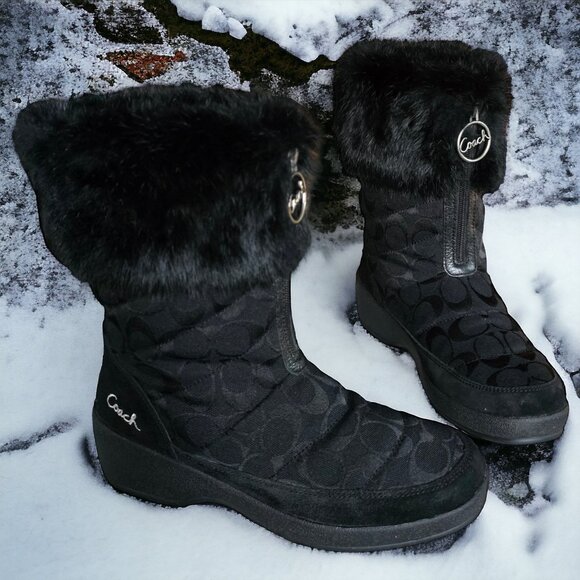 COACH ( 8 ) "FAITH"  Zip-Front Black Monogram Logo Rabbit Fur Boots - Picture 1 of 9